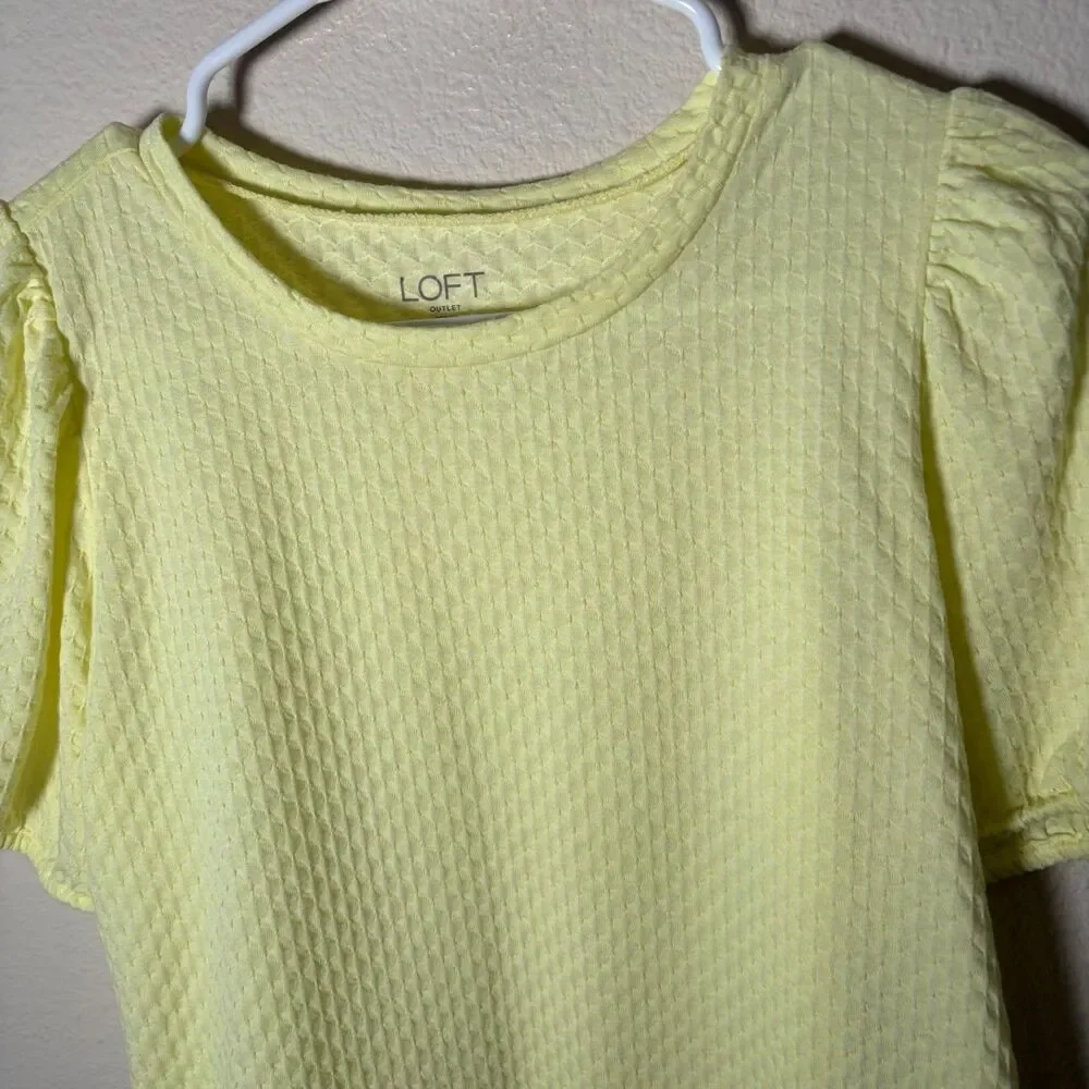LOFT Blouse Women's Petite Medium Neon Short Puff Sleeve Textured Top Casual